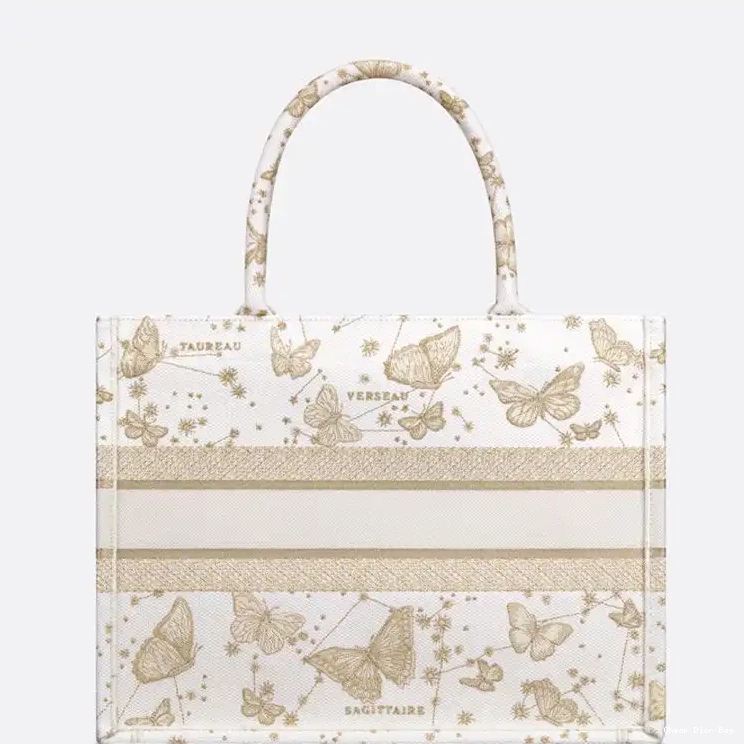 Dior Outlet Canvas Tote Dior Motif Gold Butterfly Zodiac White Book 0509